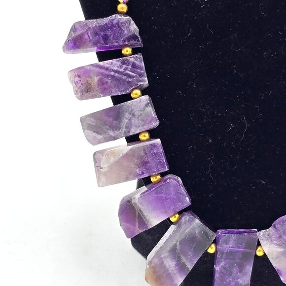 Stauer Amethyst Crystal Raw Point Bib Necklace Gold-Electroplated Spacers - Picture 3 of 8